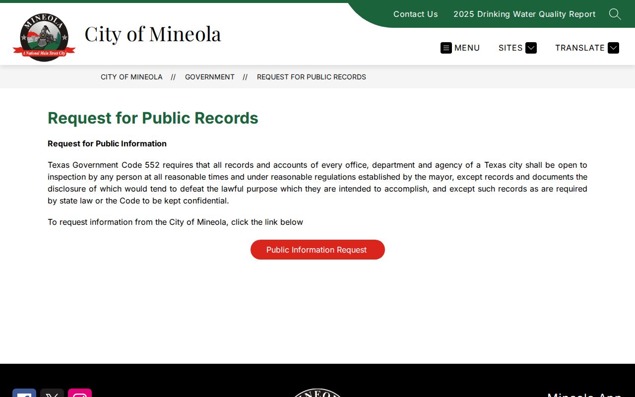 Mineola public-records request page for city arrest records