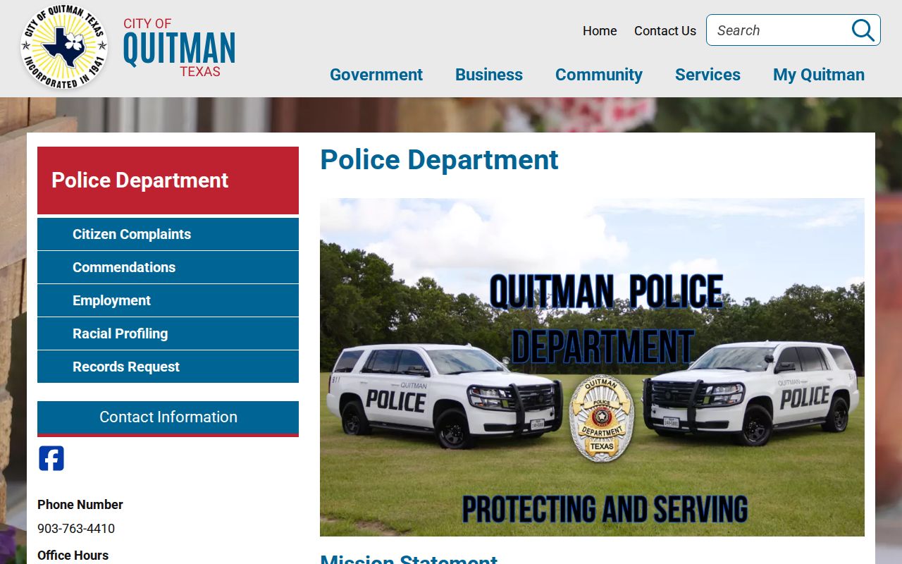 Quitman Police Department official page for Wood County arrest record access